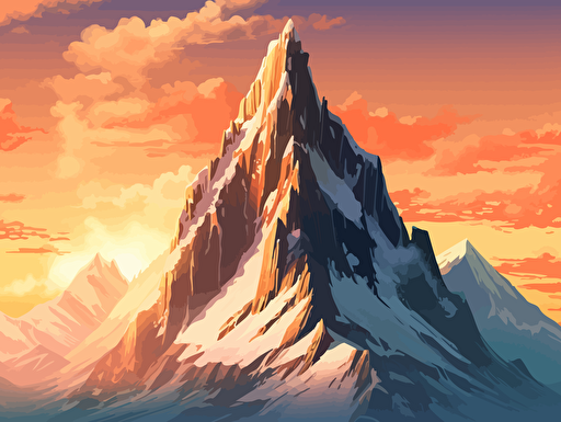 a mountain shaped like an enormous skyscraper, full of vegetation and snow at the top with barren sections of rock with the sun setting dynamic shadows vector imagery