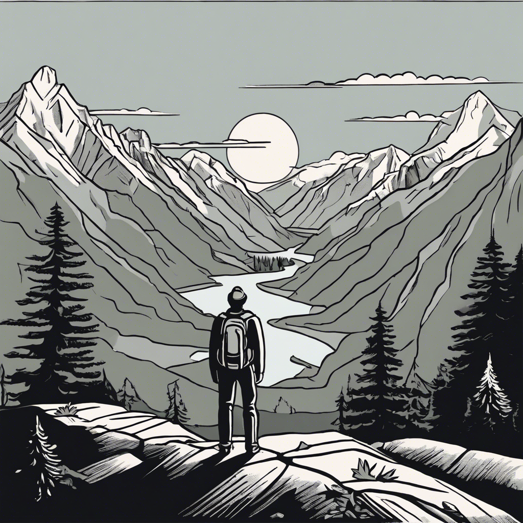Hiker overlooking a mountain valley, illustration in the style of Matt Blease, illustration, flat, simple, vector