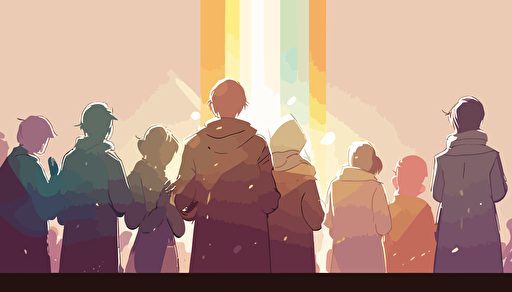 vector art, softly colored animated people, group, praying together, sunny background wide angle with some depth of field