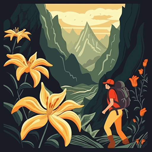 In a mountain valley, an explorer faces the abyss with determination. Honeysuckles bloom, symbolizing nature's courage and resilience. Vector illustration