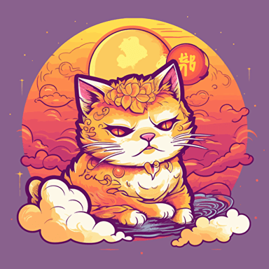 scifi cat chinese style with flames gold coins clouds mandarines chinese new year logo vector detailed high definition white purple red orange yellow