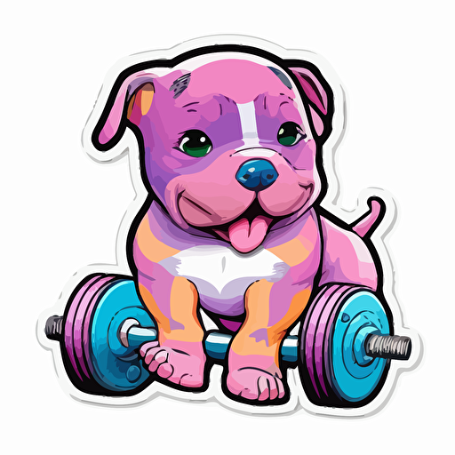 vector happy pitbull puppy sitting next to a dumbell sticker+ white background + vibrant pink and purple+ cartoon