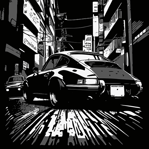 porsche 911, illustration, sin city style driving in tokio street, 2d vector art