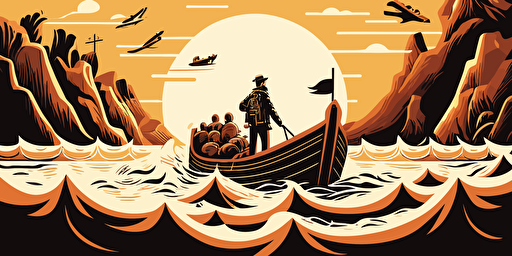 A cruise approaching a man on a raft, vector style illustration