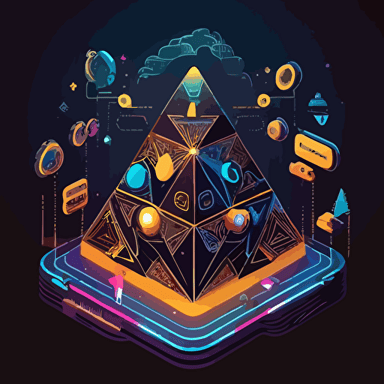 "In the bustling center of digital exchange, a resplendent digital pyramid stands tall, adorned with unique patterns and colors, surrounded by a fluid aura protecting ownership and security, with digits and symbols interwoven into a rotating nebula, symbolizing the vibrancy of NFTs in the world of blockchain transactions. Flat illustration, UI illustration, GUI, Minimalism, dark background, vector, trending on Dribbble, Pinterest.,