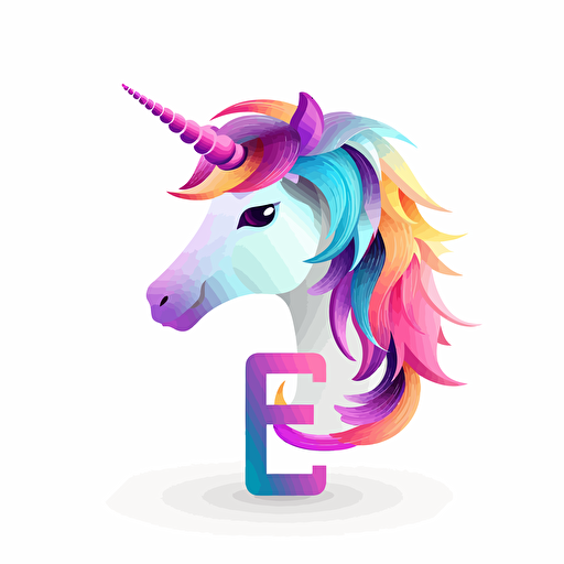 The letter "e" made from simple logo, with unicorn, vector style, cartoon, mandalacolor,white background,2d