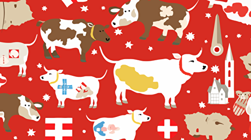 vector art of a happy Swiss world with Swiss flag, Swiss cow with bell, Swiss Bells, Swiss Chocolate, Swiss watches, Swiss dog, Swiss cheese,