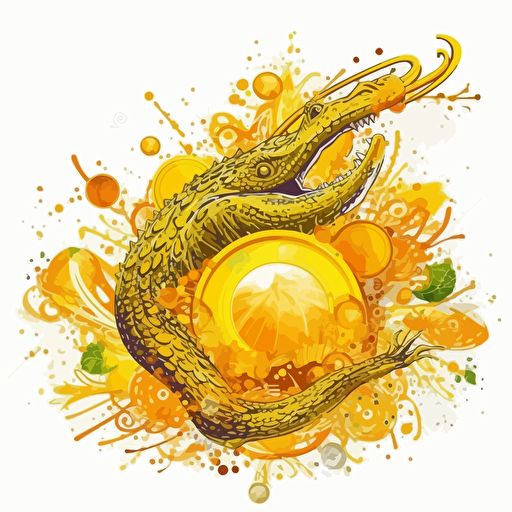 Design logo, explosion of lemons, with a crocodile in center, yellow and orange color palette, white background, drawing, universal, 4h, hd, vectoriel, delicate curves, ultra high detailed
