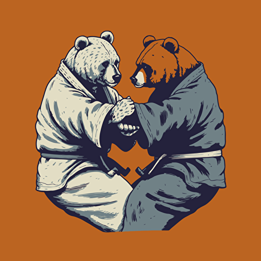 Two Bears practicing jiu jitsu, vector animation illustration, 4 colors limit, solid background, high resolution