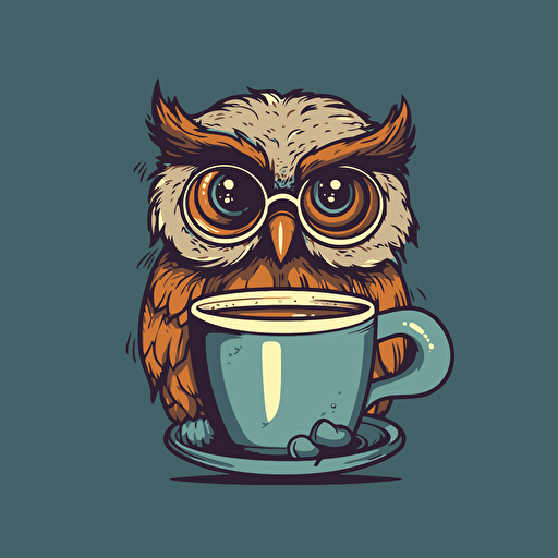 Funny Owl wearing glasses and drinking tea, illustration style, Minimalistic, illustration, vector, Sticker style