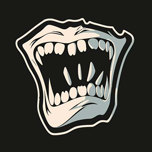 sticker, angry piece of gum with strong jaw perfect teeth, contour, vector, black background