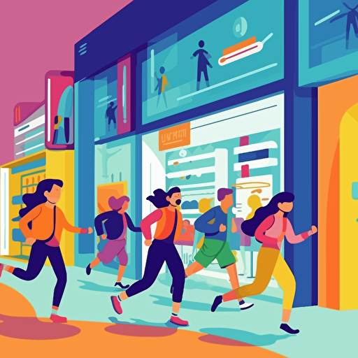 Vector illustration of customers running to shopping in a hardware store. The style is colourful, fluid and contempory, Modern flat vector concept illustrations.