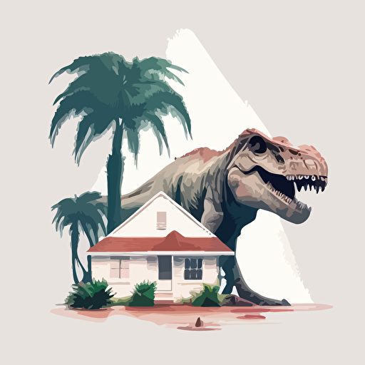 a vector style one story house with some palm trees in the front and the head of a t-rex coming out of the roof with a white background