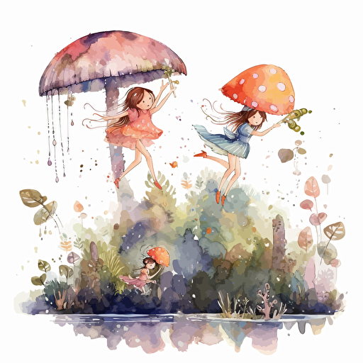 amazing watercolor design of fairies flying around an enchanted forest, cute, whimsical, for kids, detailed, vector