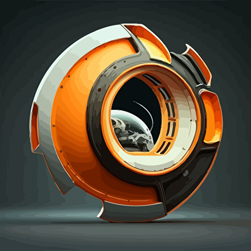 futuristic space ship, round window on side, orange and grey, black background, minimalistic, vector