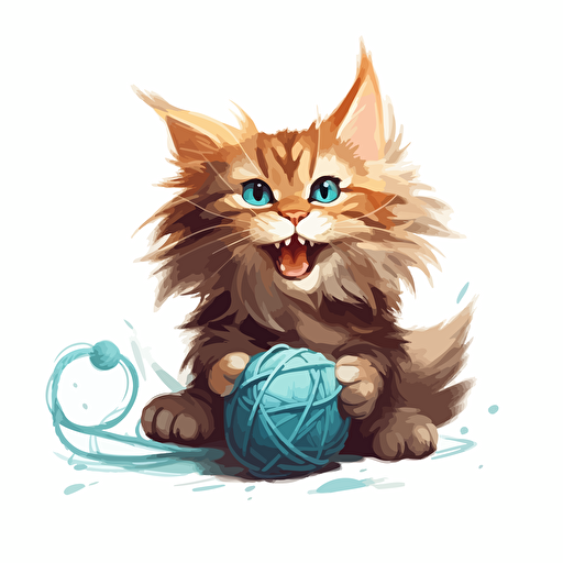 an adorable chestnut maine coon with sky blue eyes playing with a ball of yarn and snarling, vector art
