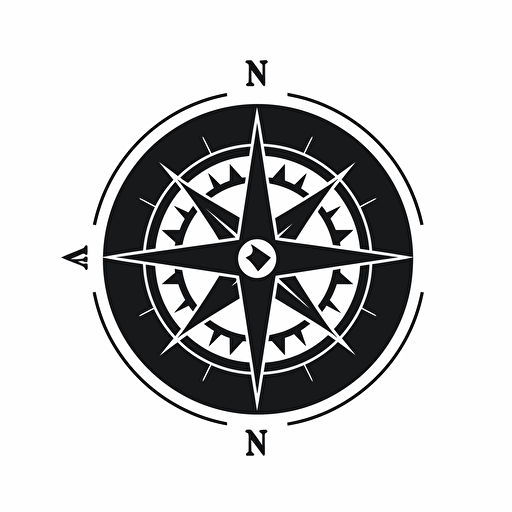 a simple Black on white logo of a compass inside of a circle, Flat vector logo
