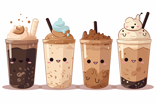 4 takeaway coffees in spring style, including iced coffee, frappuchino, vector sticker, transparent background, kawaii pixar cartoon but without faces, high resolution