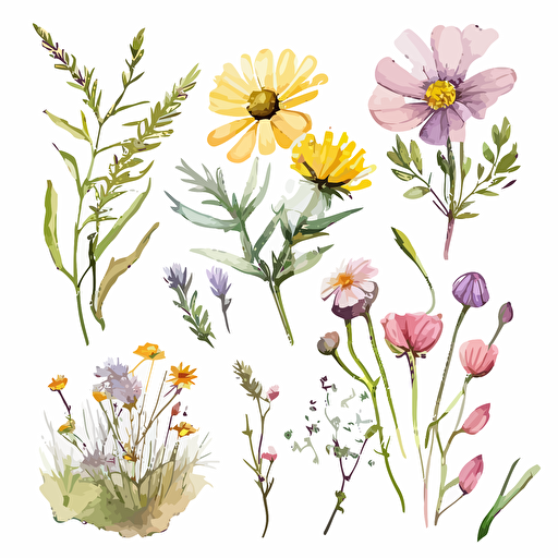 hand painted watercolor clip art of wild flowers, vector image