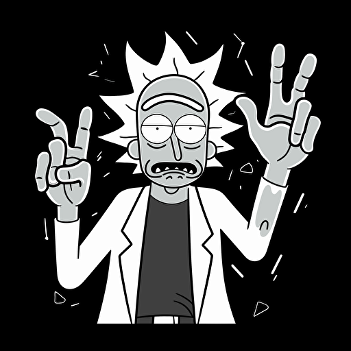 rick sanchez from rick and morty showing middle finger with six arms, vectorized black and white.