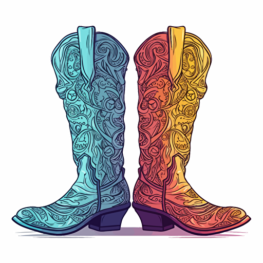 adorable brightly colored pair of cowboy boots on a white background + doodle style + white background + simple vector + bright colors