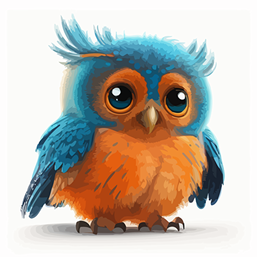 A blue baby owl, smiling, orange eyes, white background, vector art , pixar style