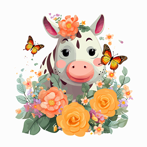animal with flowers, detailed, cartoon style, 2d clipart vector, creative and imaginative, hd, white background