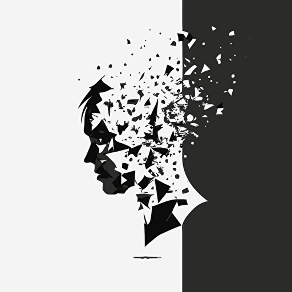 vector art , flat design, black and white , a minimalistic human head that is dissolving into pixels