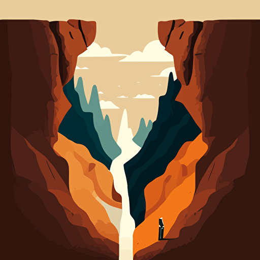 2D vector illustration, one businessman is holding the gap between two mountain cliffs. Simple colors, bright, size is 1600x1200px