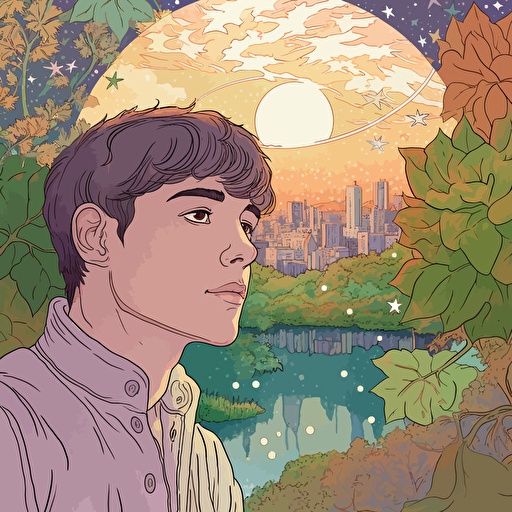 close-up shot of cute 25-year-old male poet, background of maple trees overhanging a crystalline river, the maple leaves radiate rainbow light, background of distant green hills, a shining city's buildings sparkle on the distant hills, a sky full of stars, the milky way, detailed, vector, style of bruce weber, alphonse mucha, yoshitaka amano, granblue fantasy, photorealism