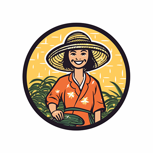 a mascot logo of a smiling assamese tea plucker wearing her lage hat standing in tea bushes with her basket behind her , japanese style, simple, vector