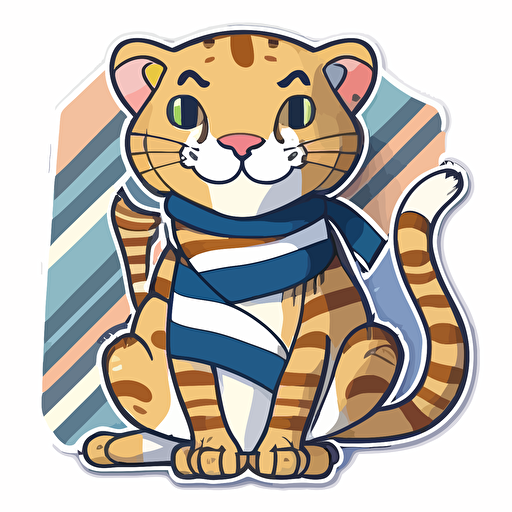 sticker, Happy Colorful Mountain Lion wearing a navy blue and white striped scarf,, kawaii, contour, vector, white background