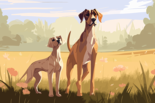 a fawn Great Dane and a Jack Russell terrier, in a grass lawn, vector art style,
