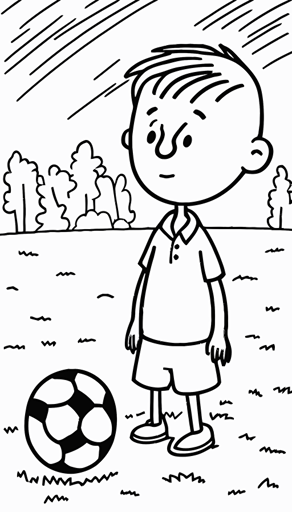 boy playing soccer, soccer ball, happy, in park, cartoon illustration, black and white coloring page for kids, flat vector