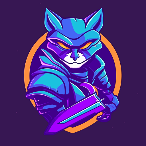 logo design, flat 2d vector logo of a futuristic anthromoporphic space traveling battle warrior cat wearing sci-fi suit with weapon, minimalist, purple and blue colors
