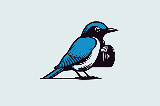 a curious swift bird standing inspecting a dslr camera, vector logo, minimalist, simple, two color, blue, white, black