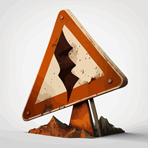 a decaying traffic warning sign, freestanding but tilted to the side like it's been hit by something, and then abandoned for years, vector, no background