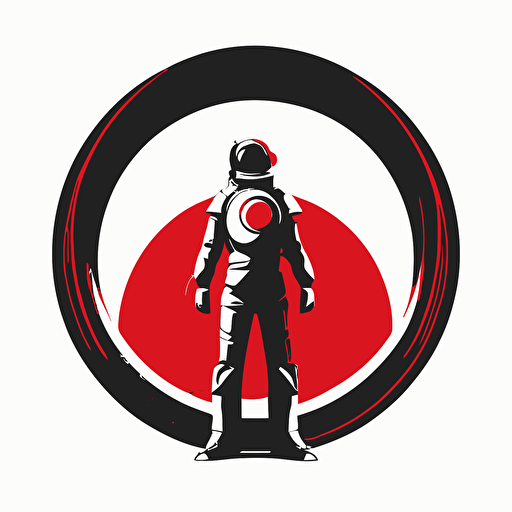 Astronaught standing straight up, arms wide, flat vector logo of circle, red black gradient, simple minimal