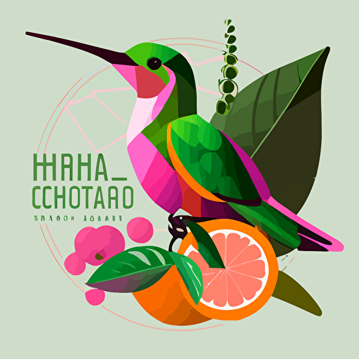 Pop Art Deco geometric Hummingbird and tropical fruits, Logo for Health Coach, Vector, Logo, green, pink, orange