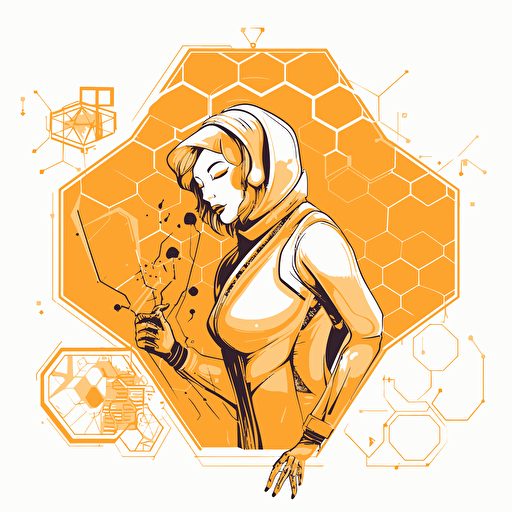 2D vector Honey in minimalism cyberpunk style. Colors: orange & white background