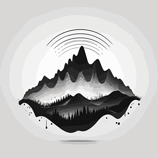 vector 2d logo for music company, sound wave in the middle of a mountain, minimal style, black and white,