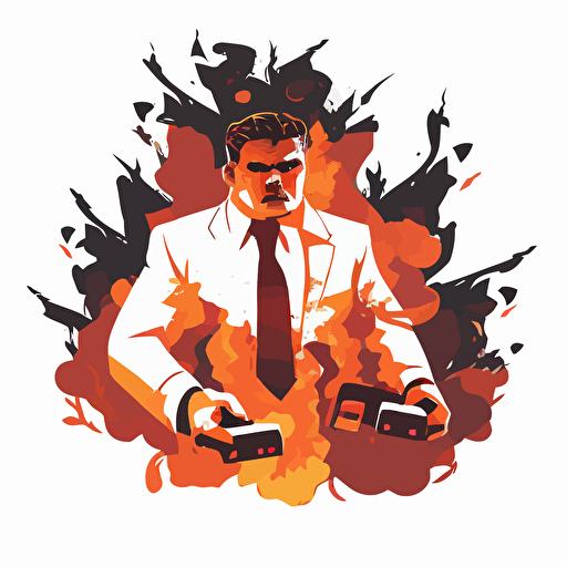 Mob boss on fire with game controller, simple, vector, no background