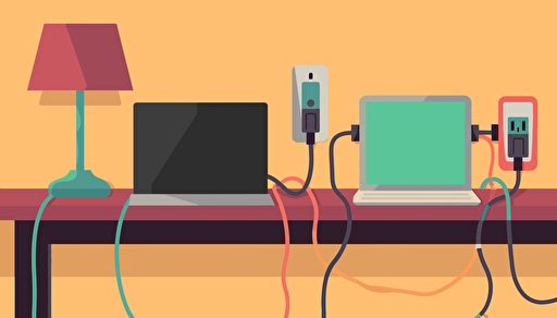 bight and colorful vector image showing extension cords plugged into a a latop sitting on a desk