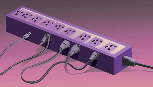 vector illustration of an power strip with many cords plugged in, sparse and simple, lavendar gradient background