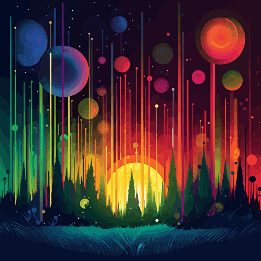 an array of moons, rainbow, vibrant colours, abstract, vector, fireflies, glowing lights