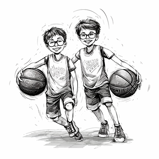Vector illustration, black ink of two handsome, happy 9 years old boys playing basketball with white background