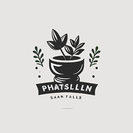 black and white simple vector style logo. With white background. Plants inside pestle and mortar.