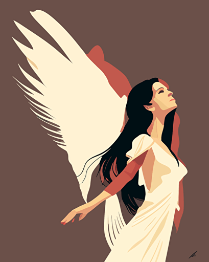 a beautiful Spanish female angel flying in the sky with large wings, hands up in the air, simple limited colors, vector styled, left profile, side view