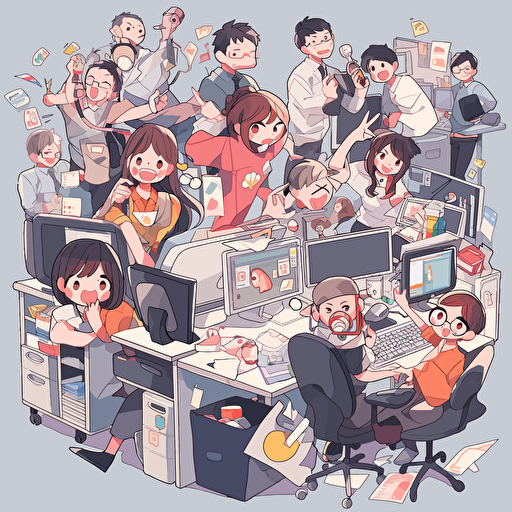 some employees that love their workspace, happy faces, vector illustration, colorful