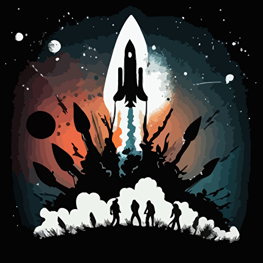 An illustration for colorbook featuring rockets launching into the galaxy, silhoutte, vector, do not use color.